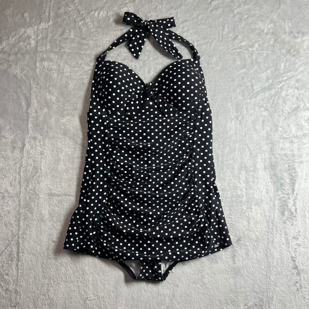 Merona Womens Black White Polka Dot Halter One Piece Swimdress Swimsuit Small